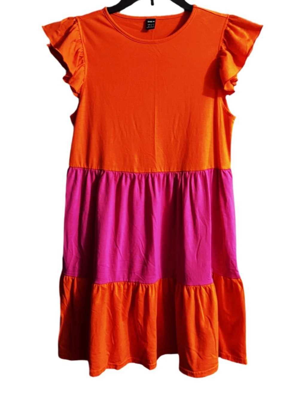 SHEIN Pink & Orange Ruffle Sleeve Colorblock Dress